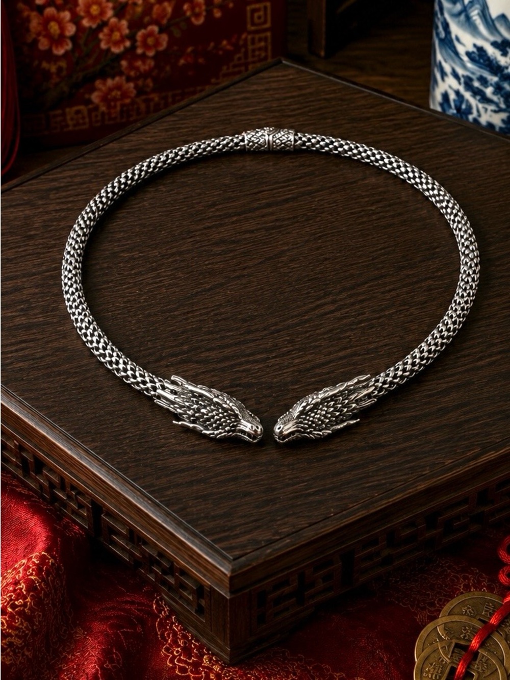 Chinese Style Sterling Silver Womens Double Dragon Collar Necklace